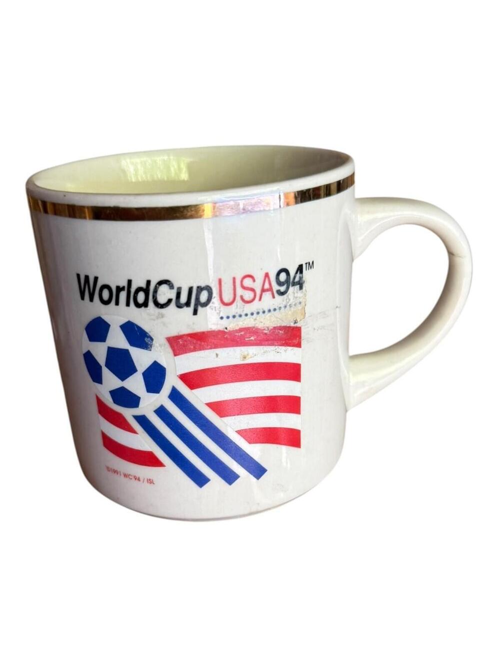Vintage 1994 FIFA World Cup USA Coffee Mug White Gold Rim Soccer Ceramic